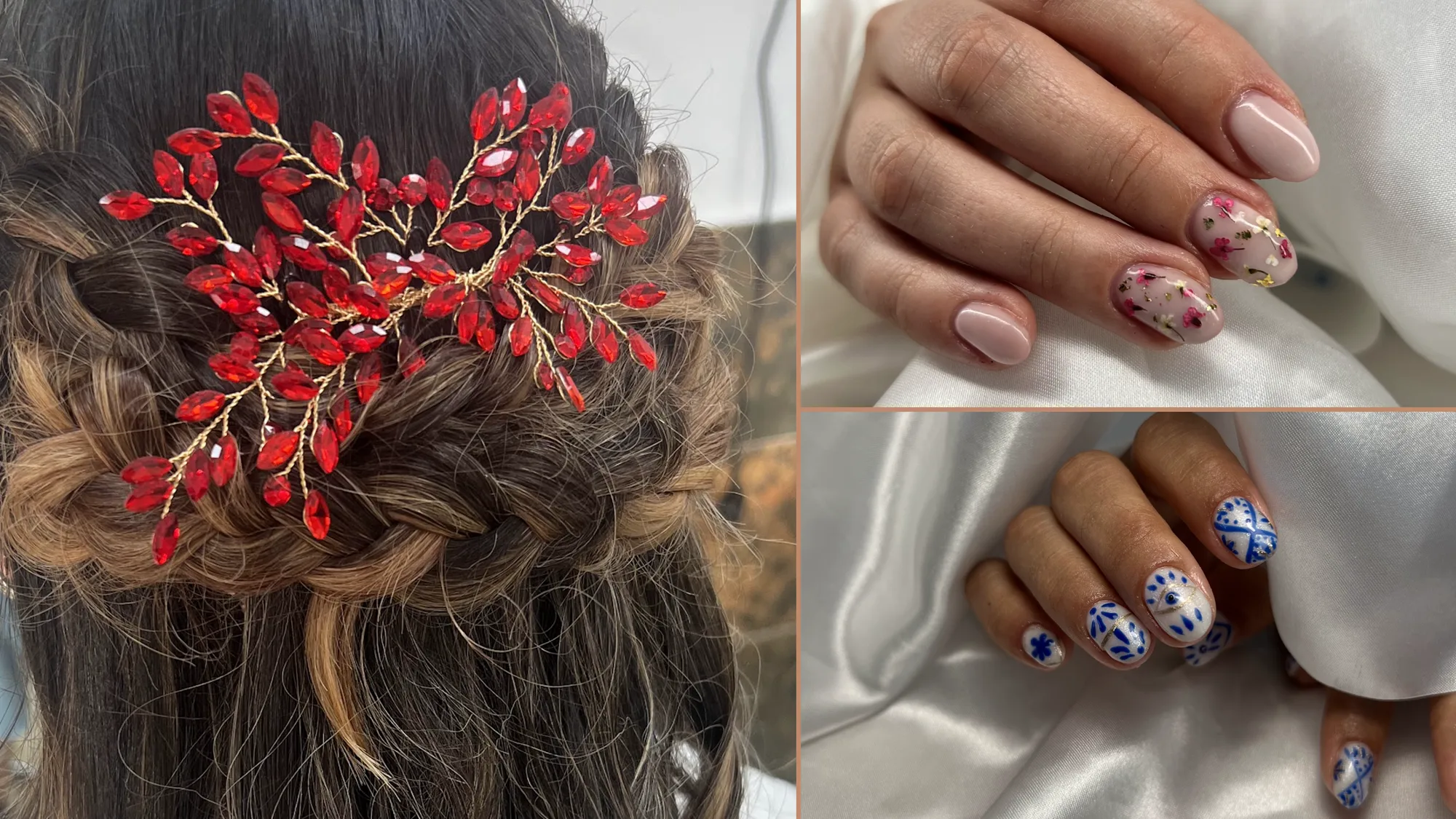 Un recogido con tocado de cristales rojos y dos manicuras de Ana HM: una con flores secas prensadas y otra pintada a mano con motivo de azulejo azul.